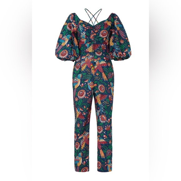 FARM Rio Tropical Bird Print Puff Sleeve Tropical Print Cotton Jumpsuit sz S - Picture 2 of 8
